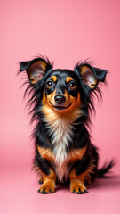 A cute long-haired Dachshund sitting on a pink background.