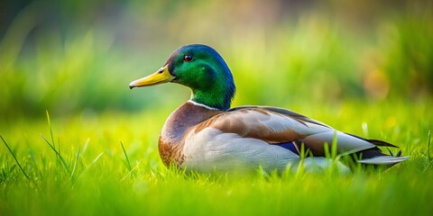 Obraz premium Minimalist Mallard Duck Meadow Photography: Resting Wild Duck in Colorful Field