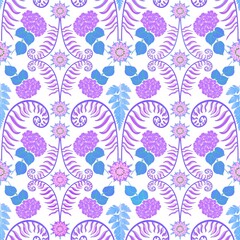Purple flower and blue leaves seamless repeating pattern on white background.