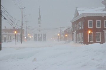 Severe winter storm hits small town church steeple amidst snowy streets atmospheric conditions overcast viewpoint weather impact