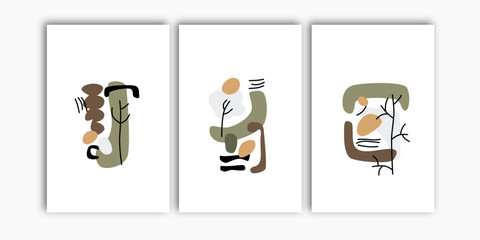 Set of three organic shapes bohemian wall art vector. Simple abstract poster vector art.