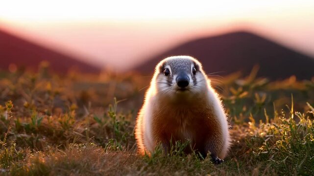 A cute fluffy marmot crawled out of its hole among the mountains and rocks on a sunny spring day. zoom in, zoom out, pan or make 360 photo, animate, pan right