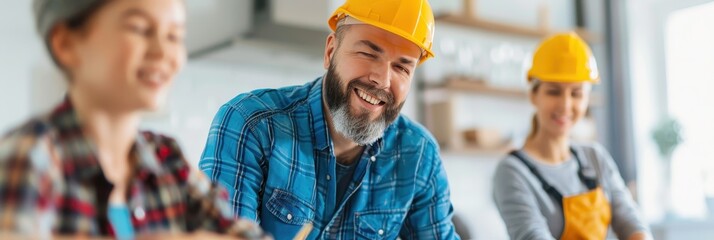 A group of smiling construction workers in hard hats collaborate in a bright, modern workspace, showcasing teamwork and positivity.