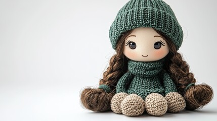 A cute handmade doll wearing a knitted outfit and hat, designed for decoration or play.