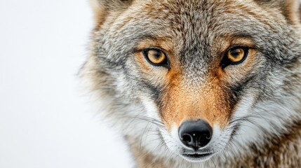 Obraz premium Close-Up Portrait of a Wild Coyote with Intense Eyes Capturing the Essence of Nature's Beauty Against a Soft White Background