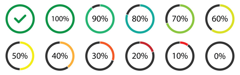 Circle graph percentage loading or infographics progress elements. Set of round diagrams icons from 0 to 100 percent. Color fill pie, pizza charts indicator template. pie chart vector illustration set
