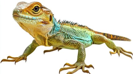 Obraz premium Colorful lizard with striking features and unique patterns showcasing vibrant scales and fierce expression against a white background in a detailed close-up photography style