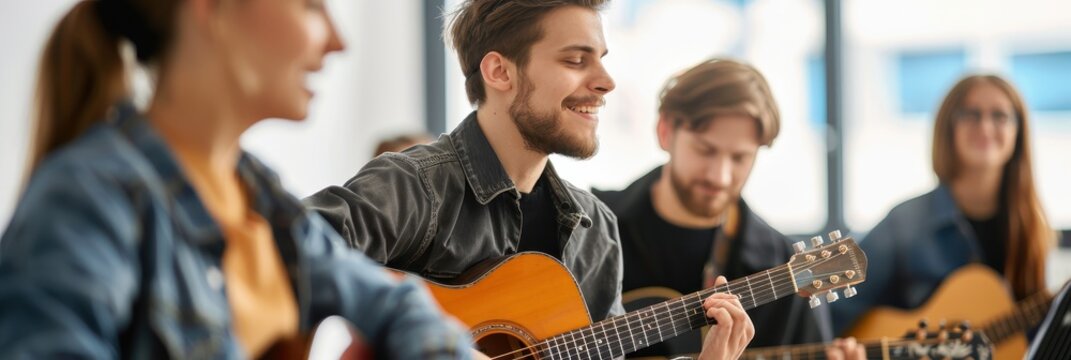 A group of musicians playing guitars together, creating a lively atmosphere filled with music and collaboration.