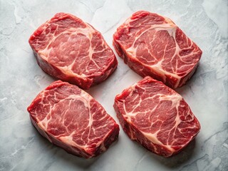 Obraz premium Minimalist Photography: Four Gourmet Steaks, Raw Beef, Butcher Shop, Meat, Food Photography, Steak Dinner, Premium Cuts of Meat, High-Resolution Image, Food Styling