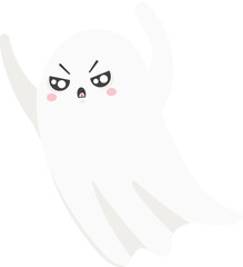 Cartoon ghost raising its hands with an angry expression, floating in isolation against a white background, perfect for Halloween themed projects and spooky celebrations