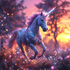 A 3D unicorn galloping through a sparkling enchanted forest, its mane flowing with light. The scene is filled with magical particles, soft glowing elements, and a vibrant sunset sky in the background.