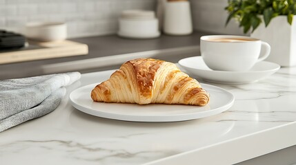 Croissant and coffee on counter.