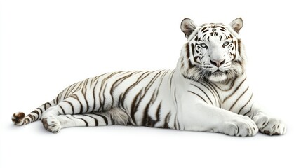 Obraz premium Majestic White Tiger Lying Gracefully, Showcasing Striking Features and Unique Fur Patterns Against a Clean White Background for Wildlife Enthusiasts and Nature Lovers