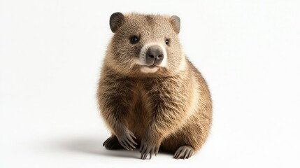 Fototapeta premium Cute and Adorable Wombat Sitting on White Background with Soft Texture, Representing Australian Wildlife and Nature, Perfect for Nature Photography Lovers