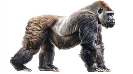 Fototapeta premium Impressive Profile View of a Strong Silverback Gorilla Standing Proudly Against a White Background, Showcasing Unique Texture and Muscular Structure in Nature's Majesty