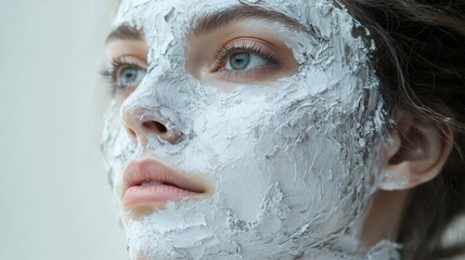 Fototapeta premium Close-up of a woman's face with a gray clay mask, serene expression.