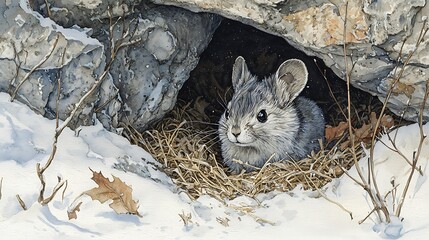 Cute Pika in Snowy Winter Burrow