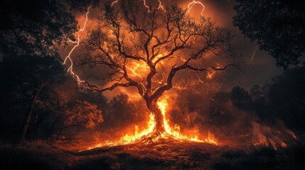 Fiery Tree Inferno Lightning Strikes, Forest Fire, Burning Branches