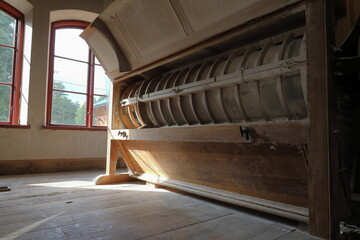 Flour mill. Indoors. Old style, still functional. Kvarnvikens kvarn, Sweden.