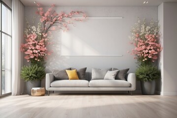 Stylish interior of modern hall with spring flowers