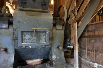 Flour mill. Indoors. Old style, still functional. Kvarnvikens kvarn, Sweden.