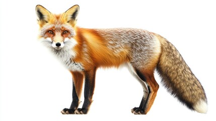 Obraz premium Majestic Red Fox Standing Gracefully on White Background with Striking Fur Colors and Alert Expression Perfect for Nature Enthusiasts and Wildlife Lovers