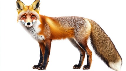 Obraz premium Realistic and Vibrant Illustration of a Red Fox Standing Proudly Against a White Background, Showcasing Its Distinctive Coat and Captivating Eyes