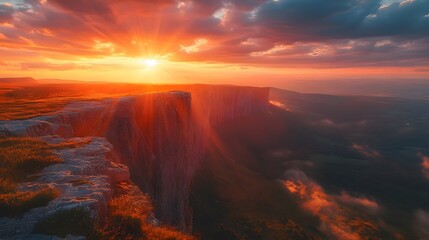 Naklejka premium A majestic sunrise paints the sky in vibrant orange and red, golden light piercing rolling clouds. Rocky cliffs contrast the colorful sky as the sun slowly rises. Clouds shift, creating dynamic patter