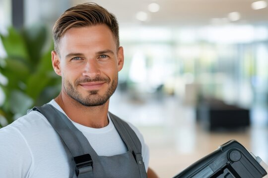 A focused and prepared man is seen in this image, wearing a work shirt and harness while confidently displaying his tools in a bright, professional environment.