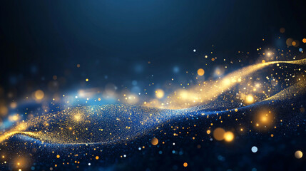 Abstract dark blue and gold particle background with Christmas golden light bokeh, shining particles on navy blue, gold foil texture, festive holiday concept