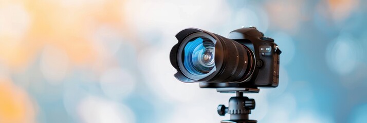 A sleek camera lens mounted on a tripod, set against a softly blurred background, highlighting photography gear and creativity.