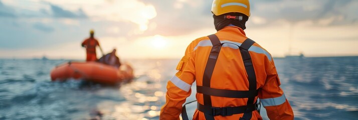 A rescue worker in an orange uniform watches a boat on the ocean at sunset, emphasizing safety and teamwork in maritime operations.
