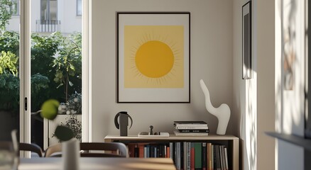 Modern interior design and home decoration ideas. A frame hanging on the wall of an apartment. Next to it are modern furniture and a vase with some books.