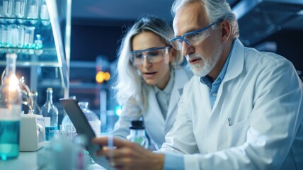 Two scientists collaborate in a modern lab, analyzing data on a tablet amidst various glassware and colorful liquids.