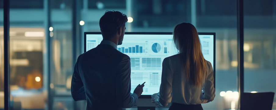 Business partnership analyzing budget charts in modern office environment at night