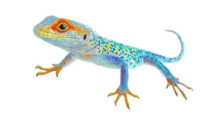 Naklejka premium Vibrant Blue and Yellow Lizard Crawling on White Background with Detailed Textures and Unique Patterns, Perfect for Nature and Wildlife Themes