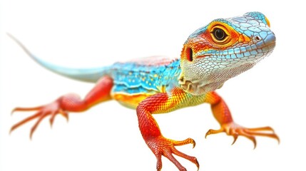 Obraz premium Colorful lizard on white background showcasing vibrant scales and intricate patterns, depicting nature's beauty and the diversity of reptilian species in a close-up view.