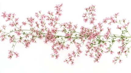 Obraz premium Delicate Pink Blossoms on a Slim Branch Against a White Background, Perfect for Spring, Nature Themes, Floral Designs, and Minimalist Decor Projects