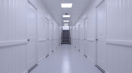 Obraz premium Long white hallway with doors and stairs at the end.