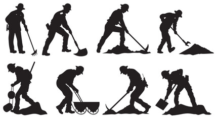 Naklejka premium Eight silhouettes of miners working.