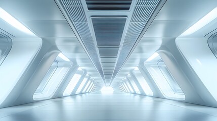 Obraz premium Industrial ceiling AC system, exposed metal ductwork, fluorescent lighting. Commercial building interior with white and silver color scheme, symmetrical composition, clean design.