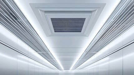 Industrial ceiling AC system, exposed metal ductwork, fluorescent lighting. Commercial building interior with white and silver color scheme, symmetrical composition, clean design.