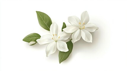 Elegant white flowers with green leaves on a smooth surface, showcasing delicate petals and vibrant foliage, perfect for nature-themed designs and compositions.