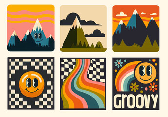 Retro 70s Aesthetic postcard. Vibrant Sun, Rainbows, Guitars, Cassettes, and Bold Patterns with Hippie and Vintage Vibes