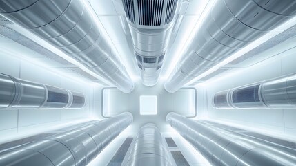 Industrial ceiling AC system, exposed metal ductwork, fluorescent lighting. Commercial building interior with white and silver color scheme, symmetrical composition, clean design.