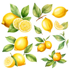 Lemon watercolor set. Transparent background. Can be used for postcards, stickers, encyclopedias, menus, ingredients of dishes.