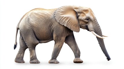 Obraz premium Majestic African Elephant Walking Gracefully Against a Clean White Background, Showcasing Its Unique Features and Natural Beauty in Wildlife Photography