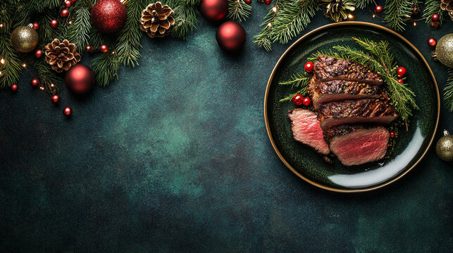 Festive green background green with sliced roast beef with rosemary on plates surrounded by christmas decorations. Christmas Eve concept. Top view photo