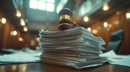 Wooden gavel on legal documents in courthouse, blurred background, blue tones. Professional photography with dramatic lighting captures justice concept and legal symbolism.