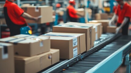 Obraz premium A seamless delivery process with workers packing boxes, labeling them for international shipping, and preparing them for global distribution